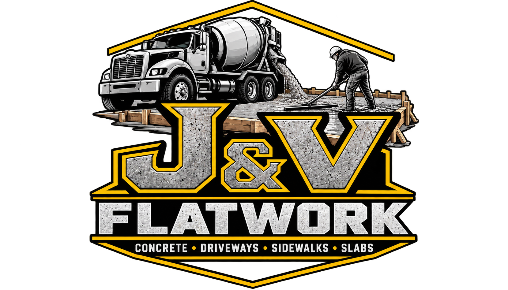 J&V Flatwork logo showing a concrete mixer truck and a worker finishing concrete